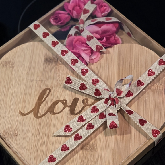 Heart-Shaped Bamboo Cutting Board with Red Heart Ribbon - Picture 3 of 4